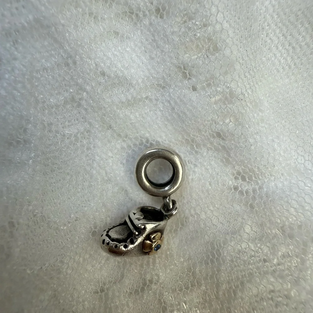 Pandora Dangling Silver Baby Shoe Charm with Blue Gem - Picture 2 of 4